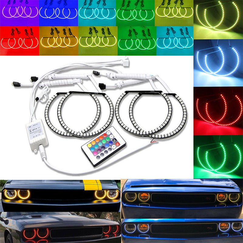AkiHalo 4pcs RGB Multi-color LED Angel Eye Light Halo Ring Demon KIT Headlight for Dodge Challenger 2008-2014 Dodge Challenger 15-19 Halo kits - AKiHalo.com